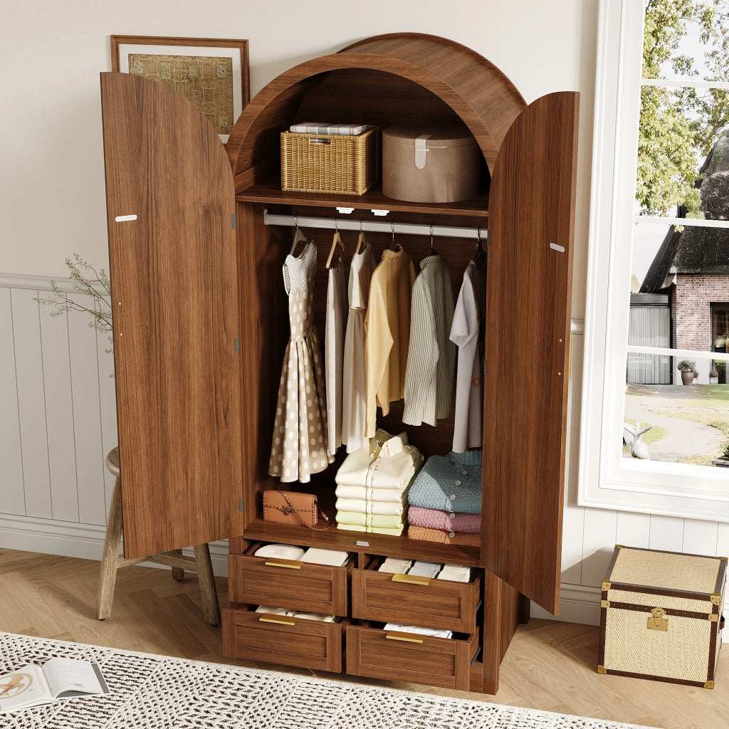 Armadio con ante curve in rattan e cassetto, asta appendiabiti, per camera da letto e ingresso, MDF, noce, 80 × 50 × 179 cm