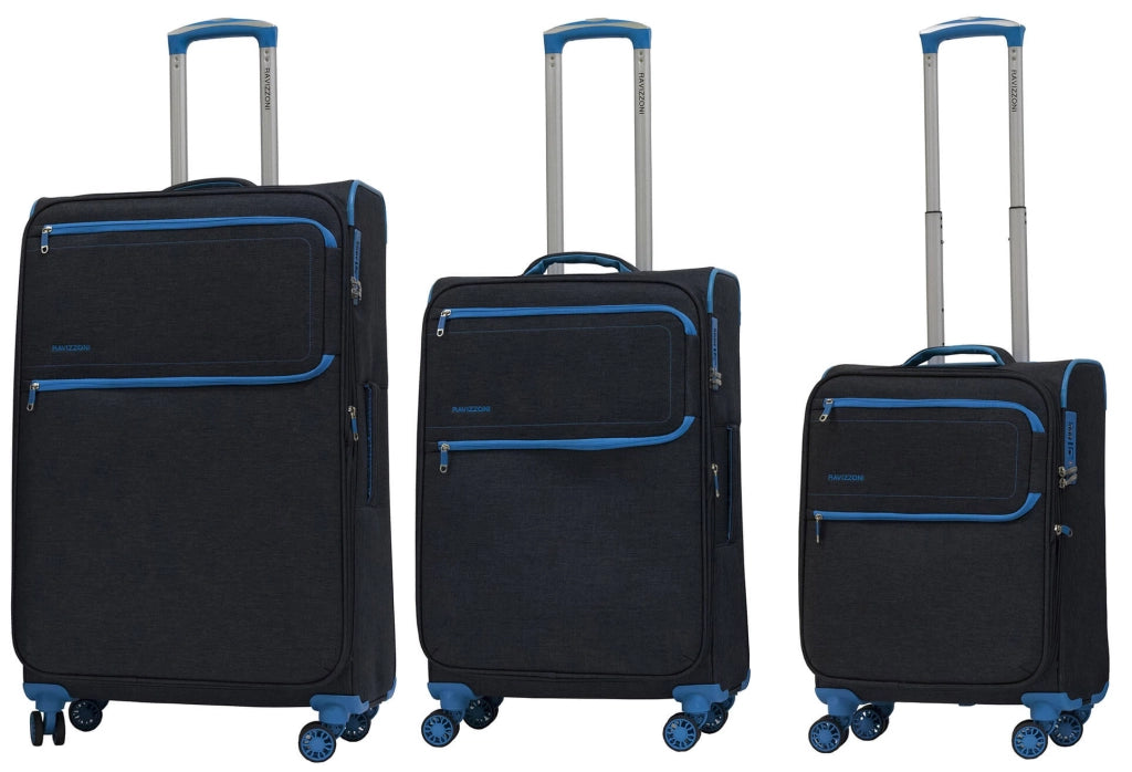Set 3 Valigie Trolley Morbide in Poliestere 4 Ruote TSA Ravizzoni Nettuno Nere