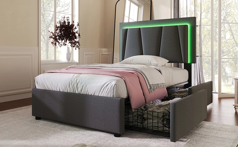DESMIU Letto singolo 90 × 200 cm con 2 cassetti, LED, testiera regolabile, senza materasso, grigio