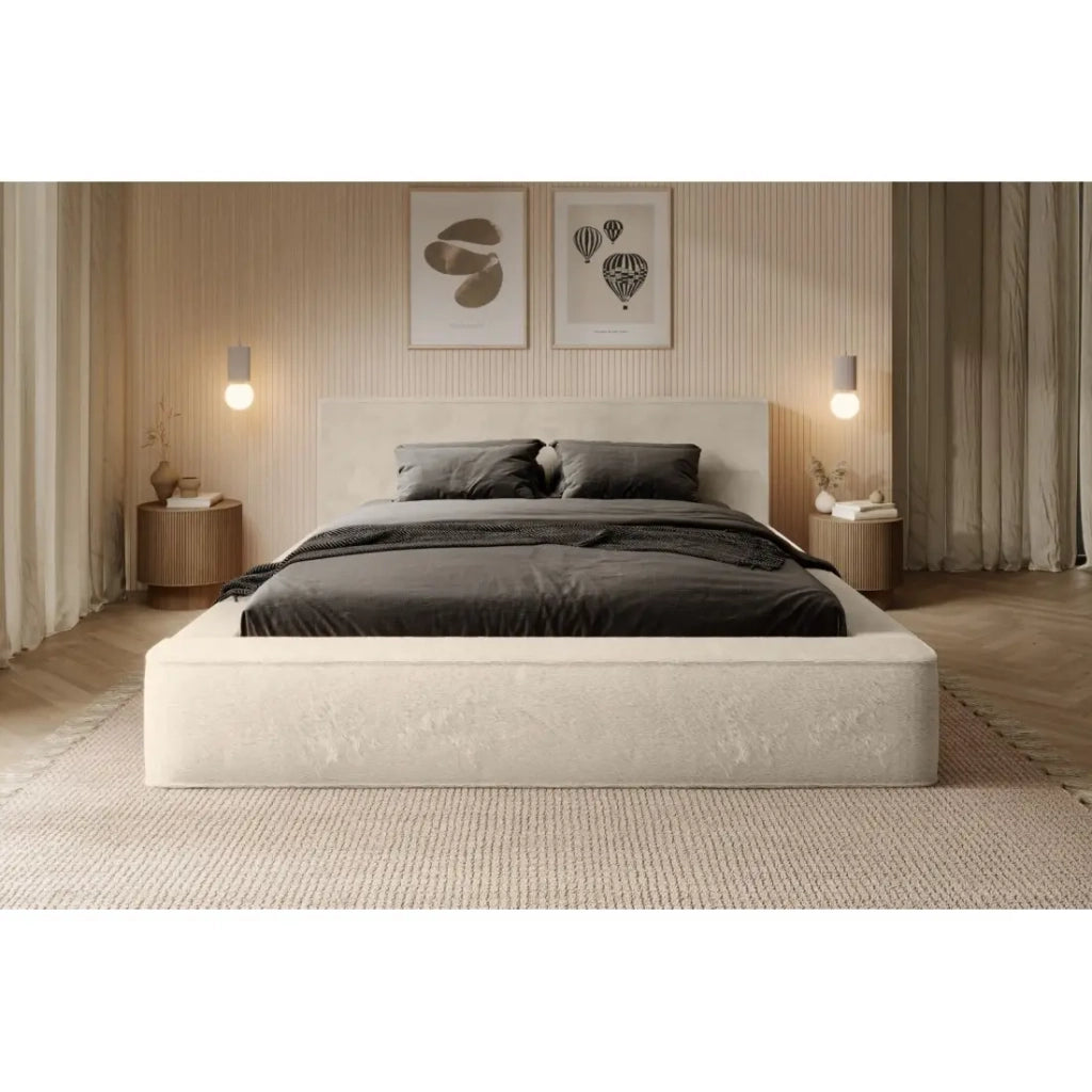 Letto contenitore ORLANE – Velluto beige dune – 140x200 cm – Rete sollevabile – Design di alta gamma