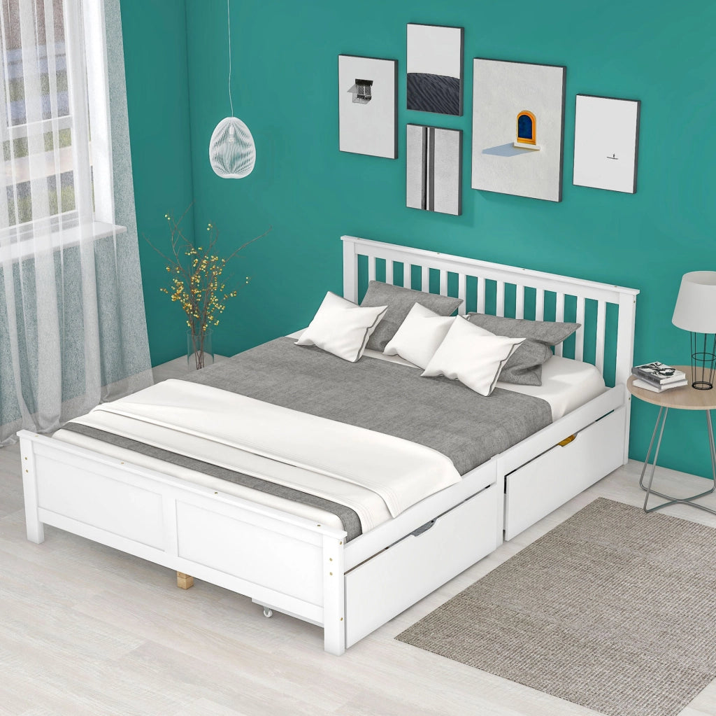 Letto matrimoniale 140x200 cm con 2 cassetti; legno massello bianco