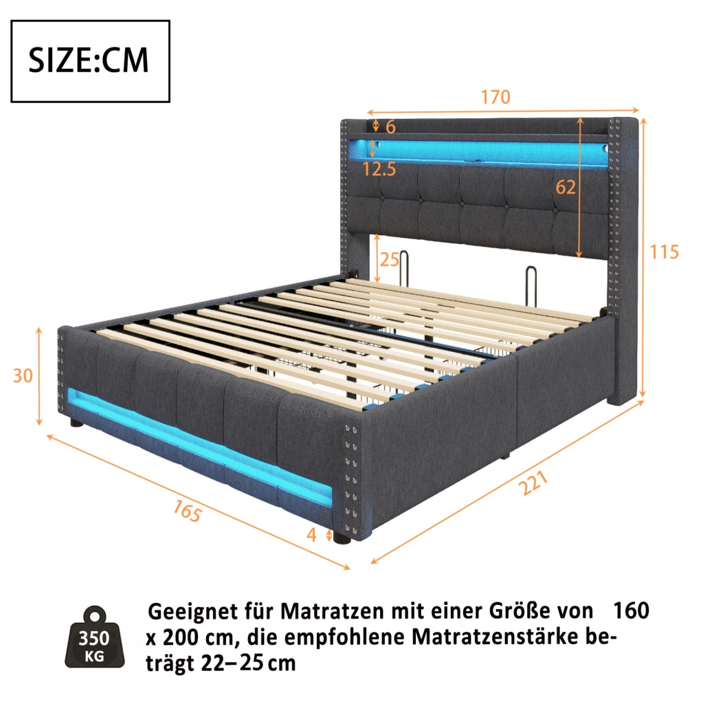 Letto matrimoniale imbottito 160x200 cm con LED, USB, contenitore e 4 cassetti
