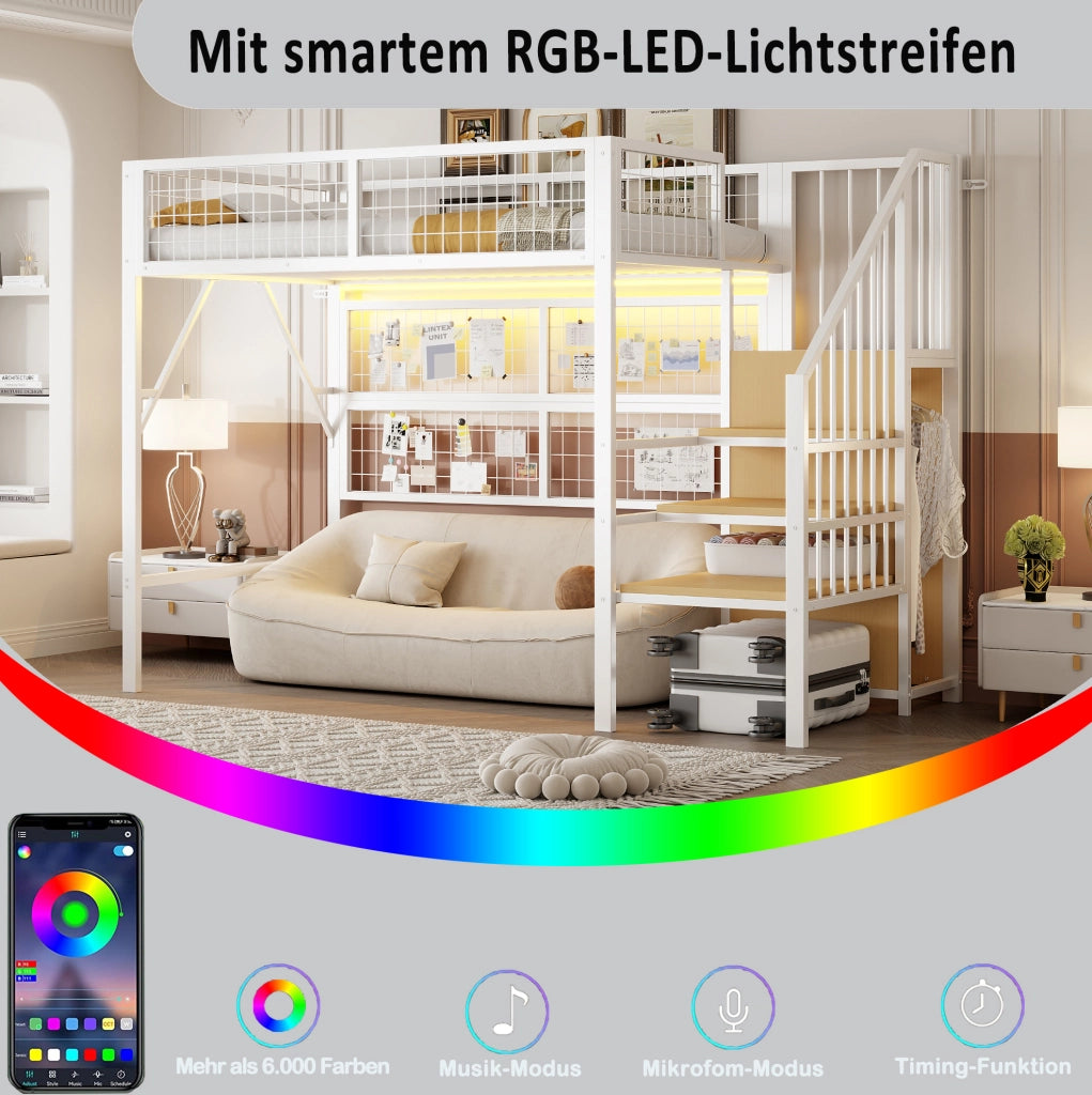 Letto a soppalco 90x200 cm con LED app e scala contenitore