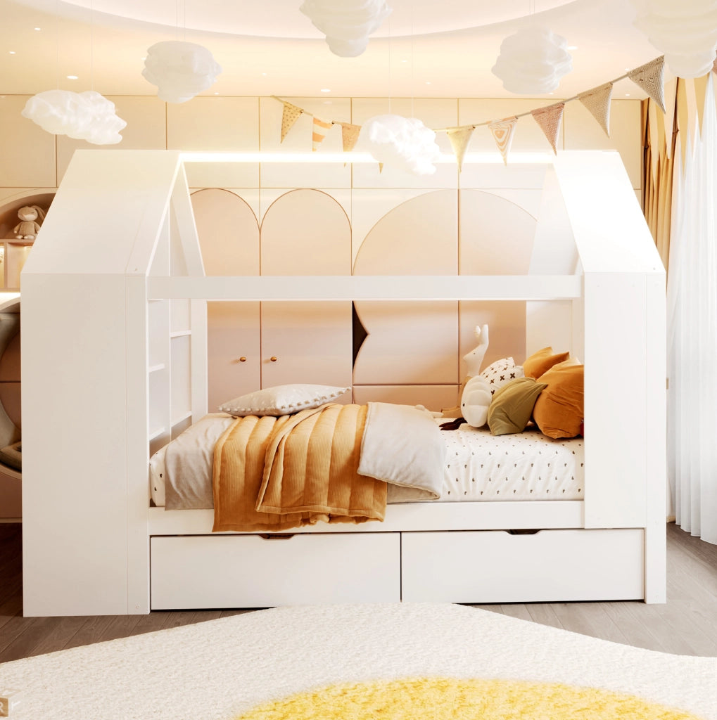 Letto per bambini a forma di casa 90x200 cm con cassetti, LED e vano contenitivo