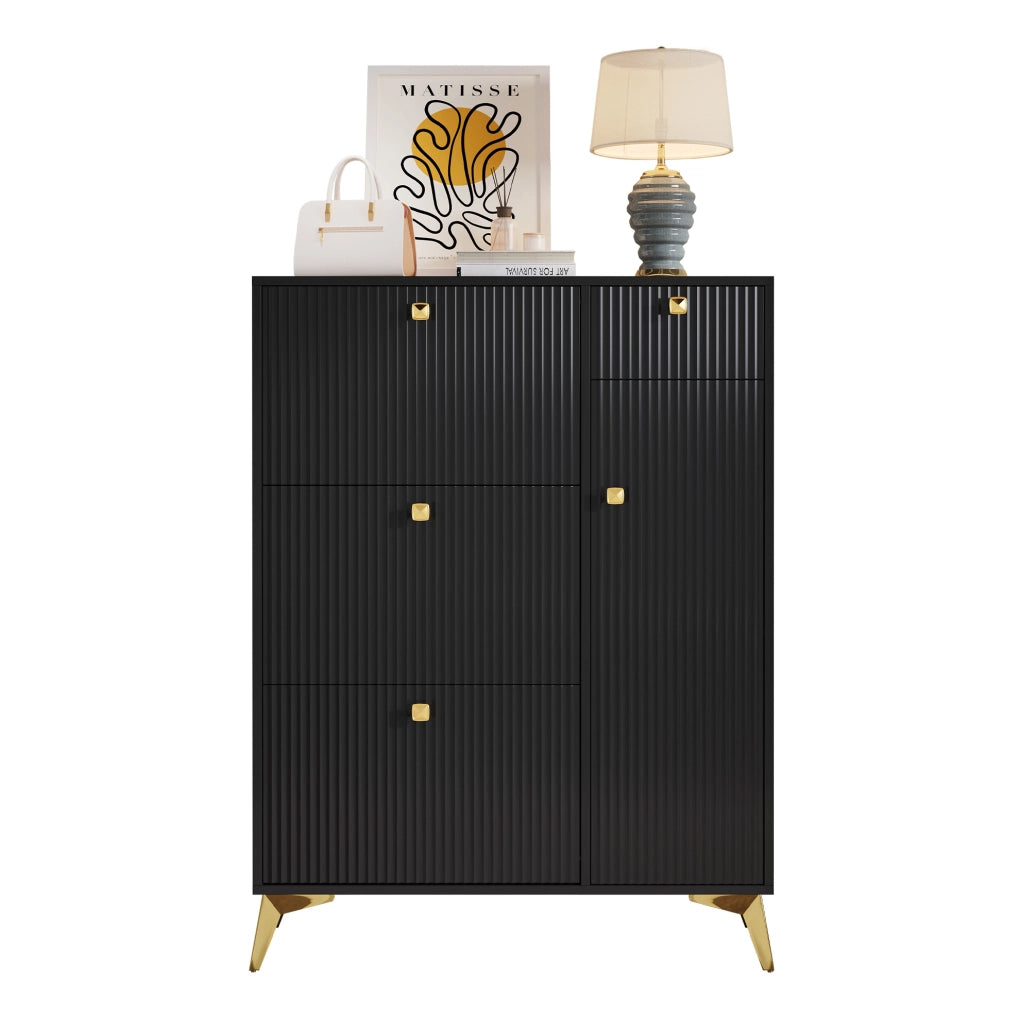 Scarpiera con 3 ante a ribalta; 1 cassetto e 1 anta; B90xP25xH121 cm; nero