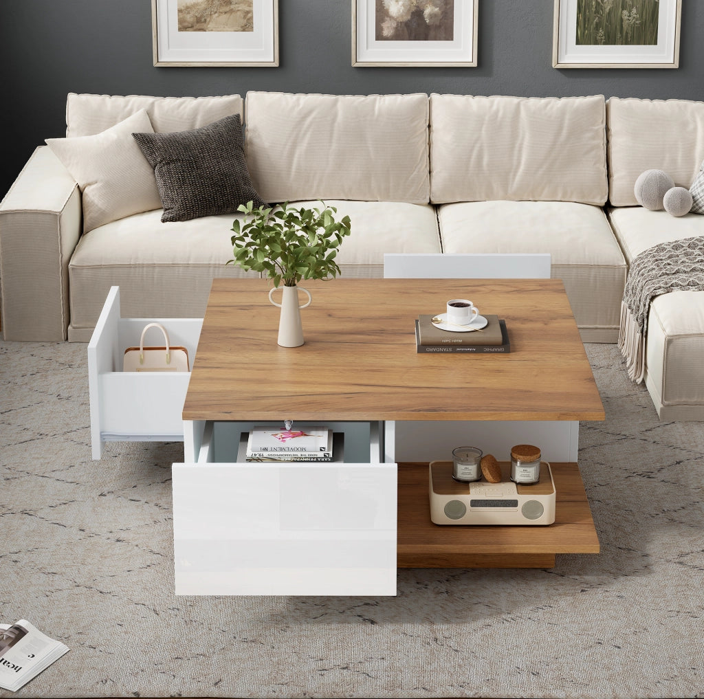 Tavolino da caffè 70x70x31;5 cm con 3 cassetti; bianco e legno