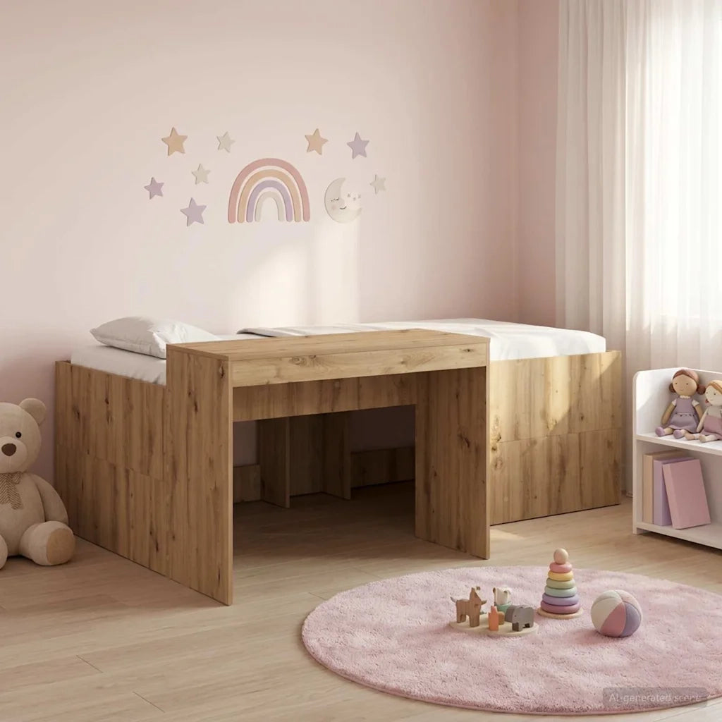 Letto alto per bambini con scrivania Rovere Artigianale