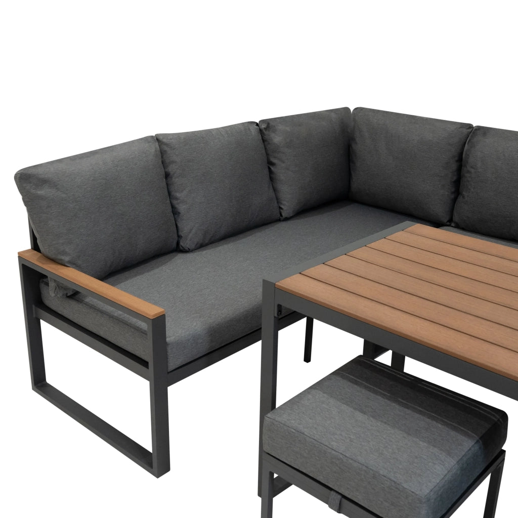 Set Mobili da Esterno in Alluminio Divano Angolare Tavolino Sgabelli Effetto Legno
