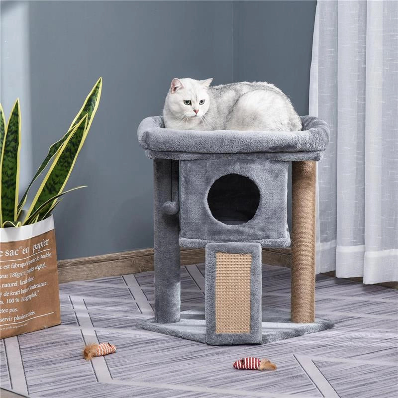 ALBERO PER GATTI CON CASETTA PER GATTI E LETTINO IN PELUCHE, TIRAGRAFFI IN JUTA E PALLINA, GRIGIO