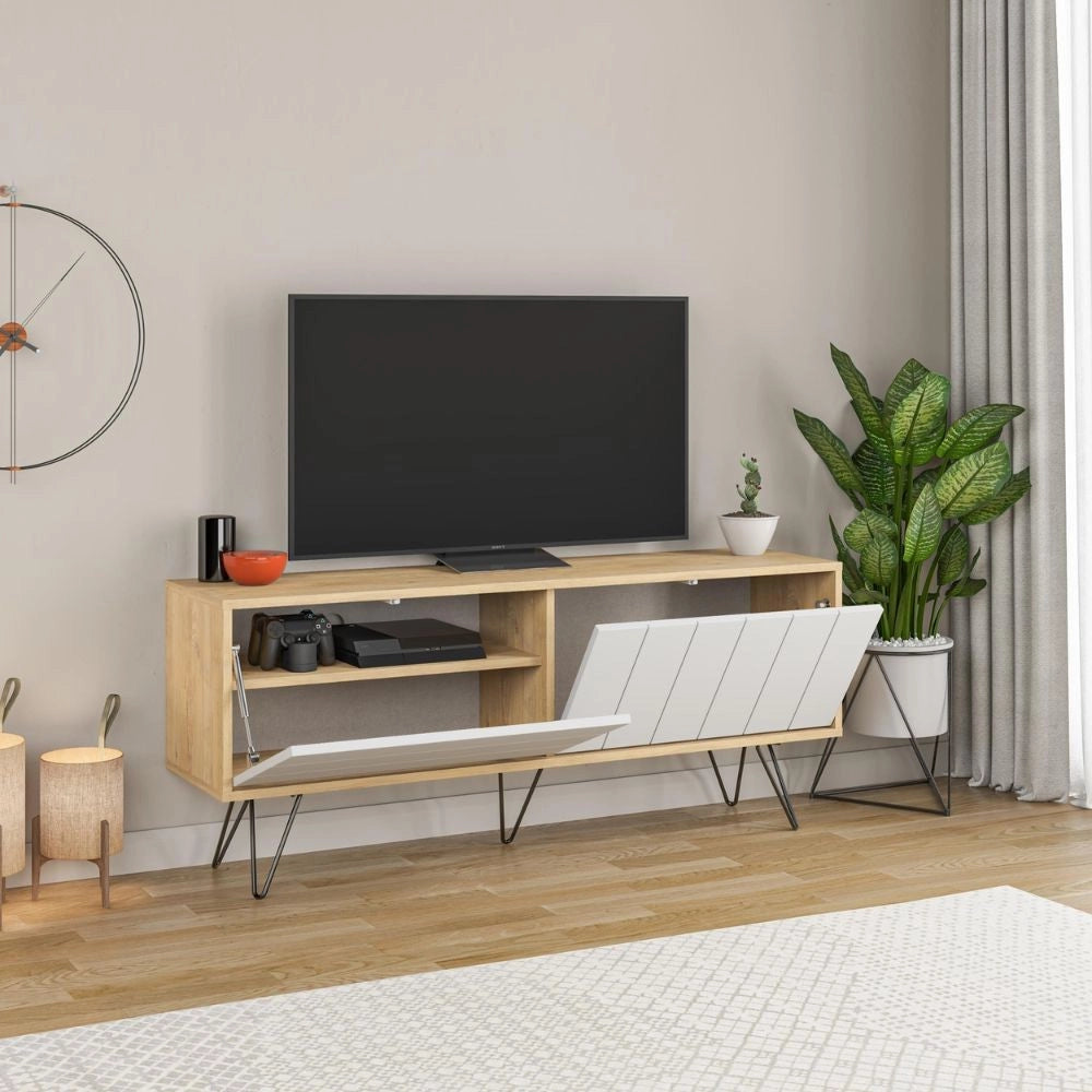 Porta tv Picadilly struttura rovere con 2 ante a ribalta bianche 139.6x35.6x57.5H