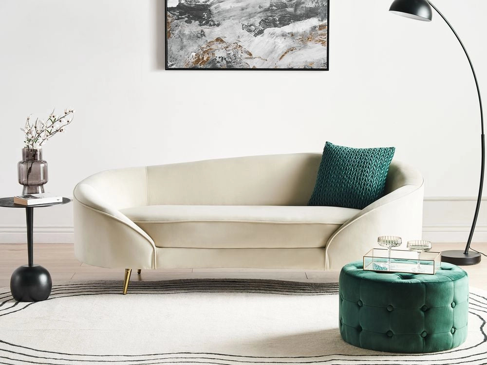 Divano velluto beige glamour curvo in stile retrò a 2 posti con gambe metallo dorato