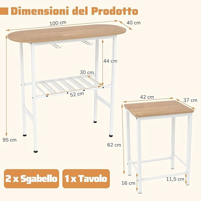 Tavolo da Pranzo con 2 Sgabelli, Tavolino e Sedie con Portabottiglie, Poggiapiedi e Struttura in Metallo, Mobili da Cucina per Bar, Bistro e Soggiorno (Naturale e Bianco)