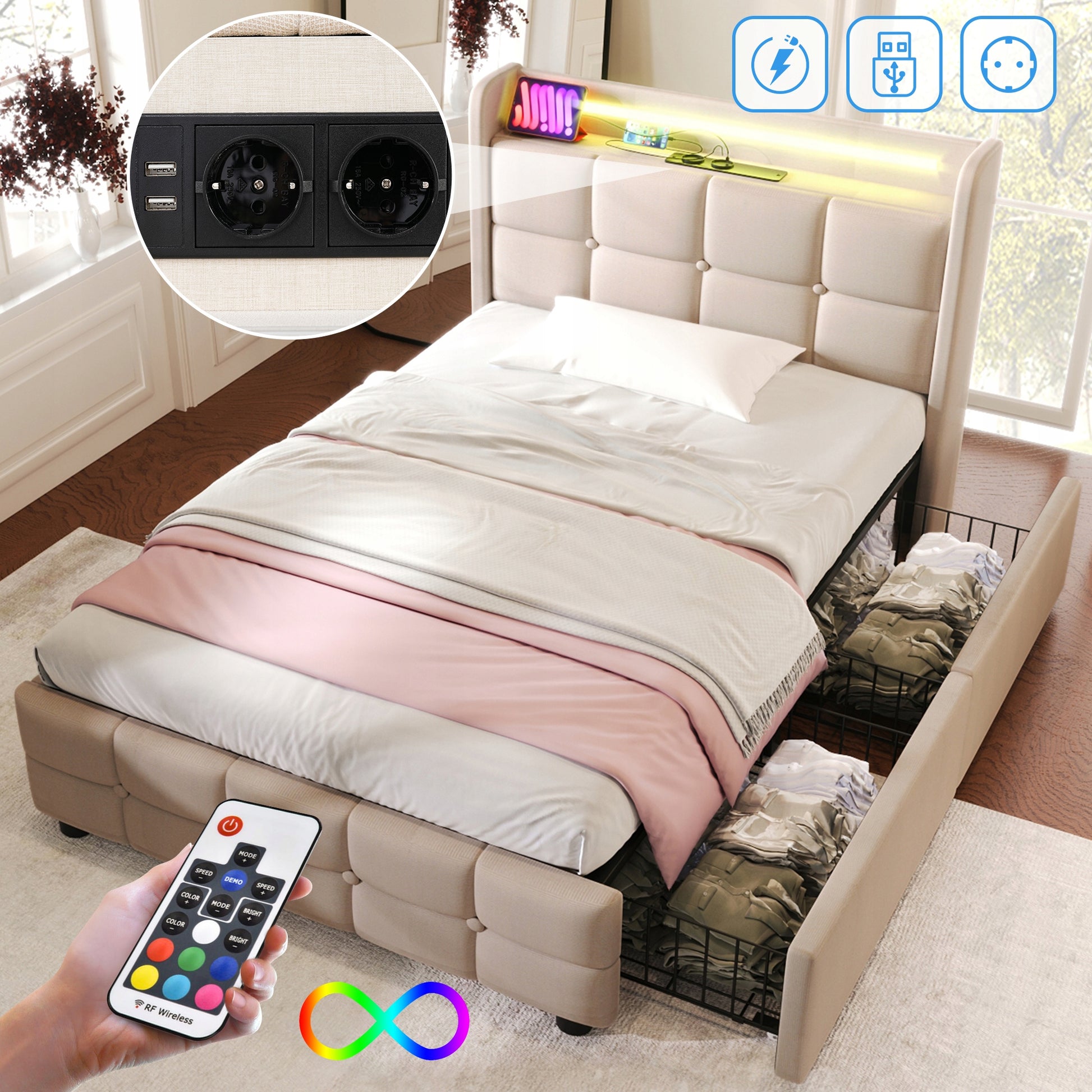 Letto matrimoniale con cassetti - Xylo - 180??200 cm - Bianco - Controllo APP LED