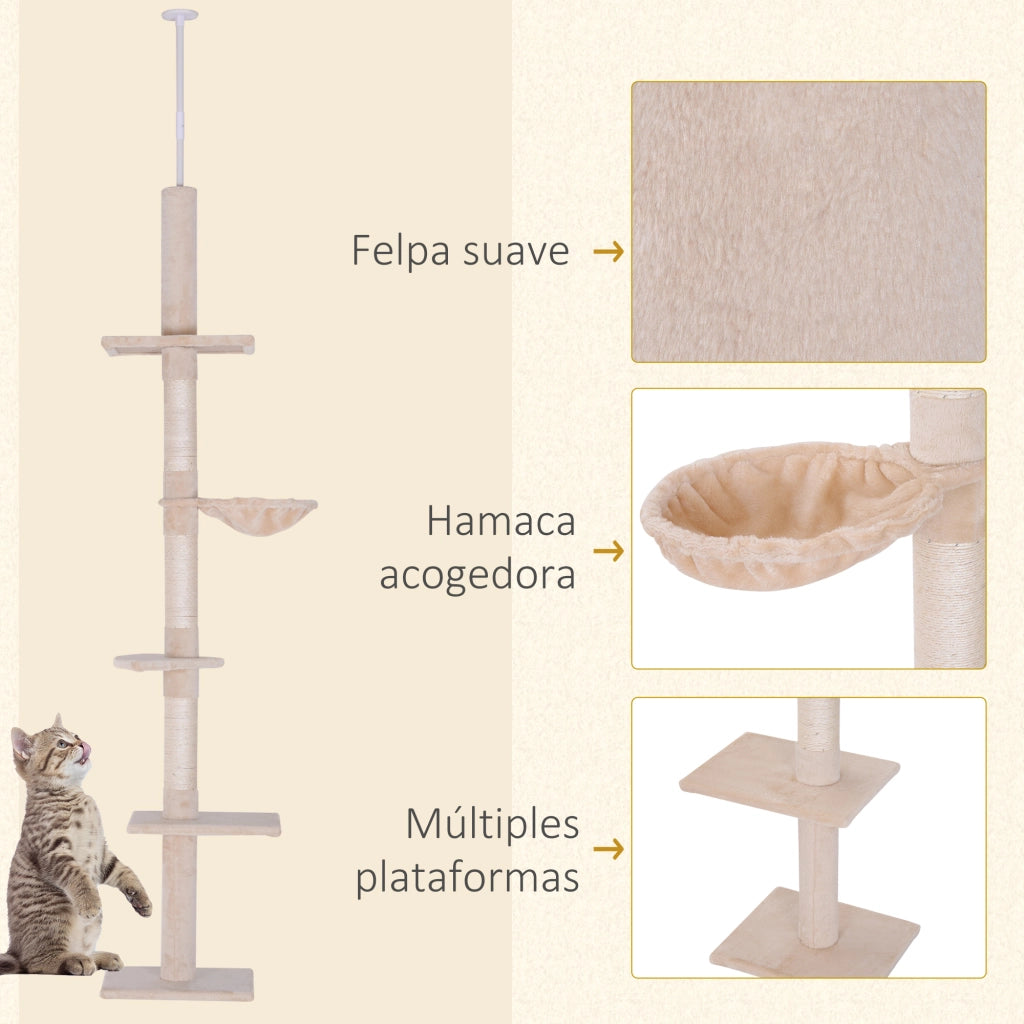 Albero per gatti regolabile 230-260 cm con piattaforme amaca e pali sisal beige ¨C zephmum