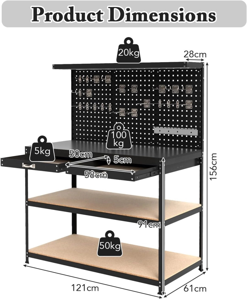 Banco da Lavoro, Organizer per Attrezzi in Metallo con 3 Pannelli Perforati con Kit di 24 Ganci, 2 Cassetti e 2 Ripiani, Banchi da Lavoro per Officina, Garage (Nero, 121 X 61 X 156 CM)