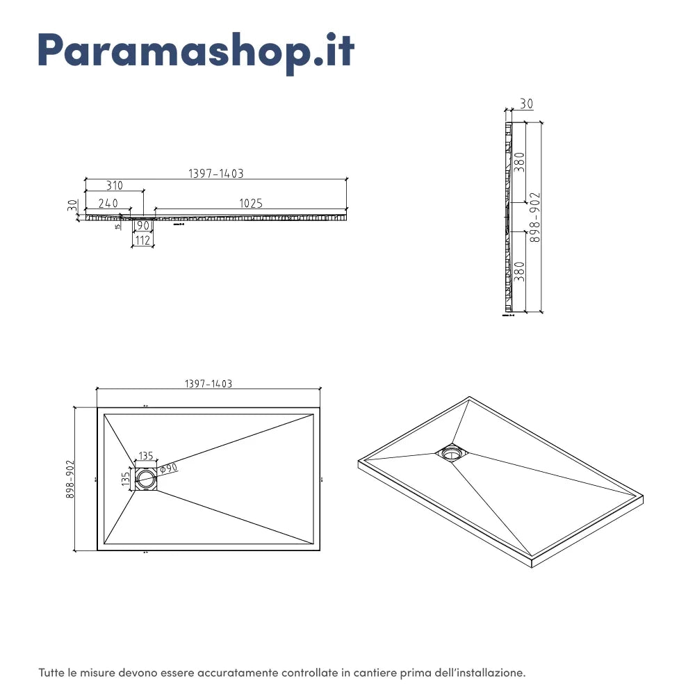 Piatto doccia rettangolare 90x140 cm in marmoresina bianco effetto pietra h3 cm | Milos