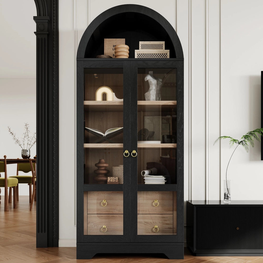 Vetrina, mobile da ingresso, credenza, ripiani regolabili, 2 cassetti, ante in vetro, nero