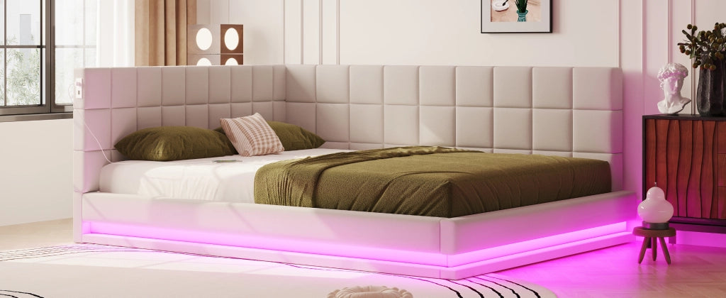 DESMIU Letto banquette 160 × 200 cm 2 posti con LED regolabile, USB, senza materasso, in lino, beige