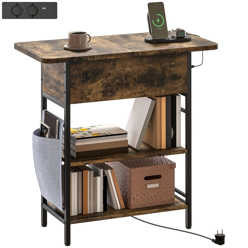 Tavolino laterale con prese USB e USB-C; 2 ripiani aperti e vano con coperchio; marrone rustico 60 × 29.8 × 58.5 cm