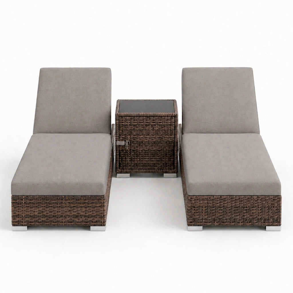 Set 2 Sdraio Prendisole in Polyrattan con Tavolino Contenitore e Cuscini Schienale Reclinabile 5 Posizioni Arredo Giardino Piscina 184x60x21 Cm Marrone Grigio