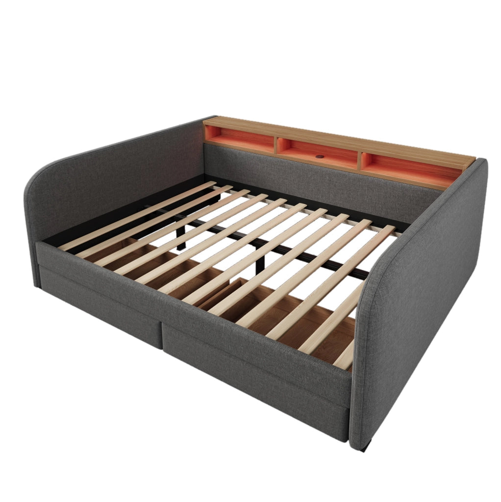 Letto imbottito 140x190 cm con LED; USB C; 2 cassetti e testiera contenitore; lino grigio