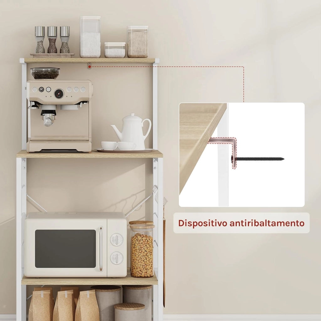 Scaffale per Cucina in Acciaio Legno 4 Ripiani Carrello per Microonde Scaffalature Organizzatore 60x40x123 cm