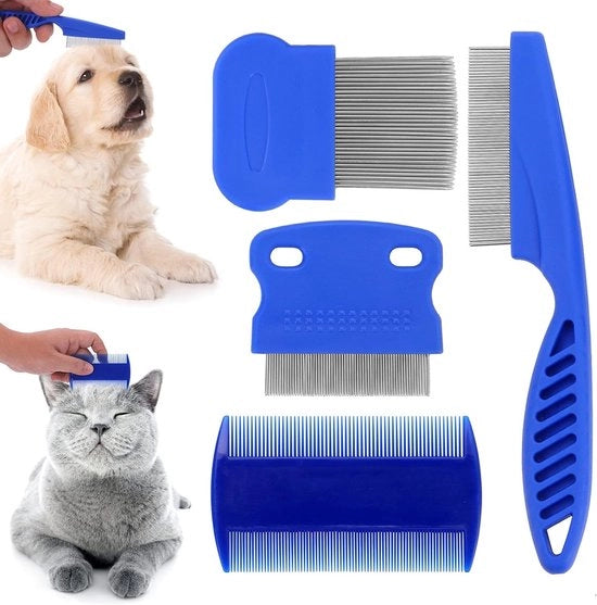 Set di 4 Pettini di Cura per Cani Gatti Conigli Pettine per Capelli Pettine per Zecche Pettine per Pulci Rimuovitore di Macchie Lacrimali in Acciaio Inossidabile Duro Multifunzionale per Tutti i Pettini per Animali