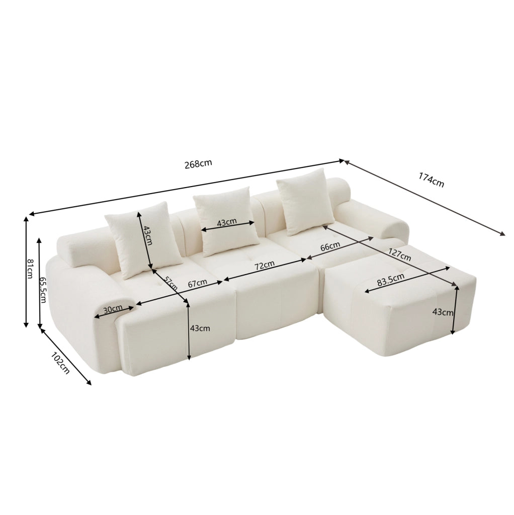 Divano angolare modulare 268x174x81 cm beige con pouf, tessuto e memory foam,