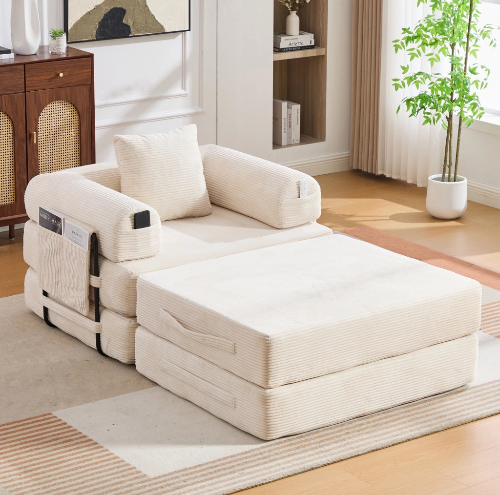 Divano modulare con pouf in velluto a coste; tasca laterale e cuscino; beige 112×190×67 cm