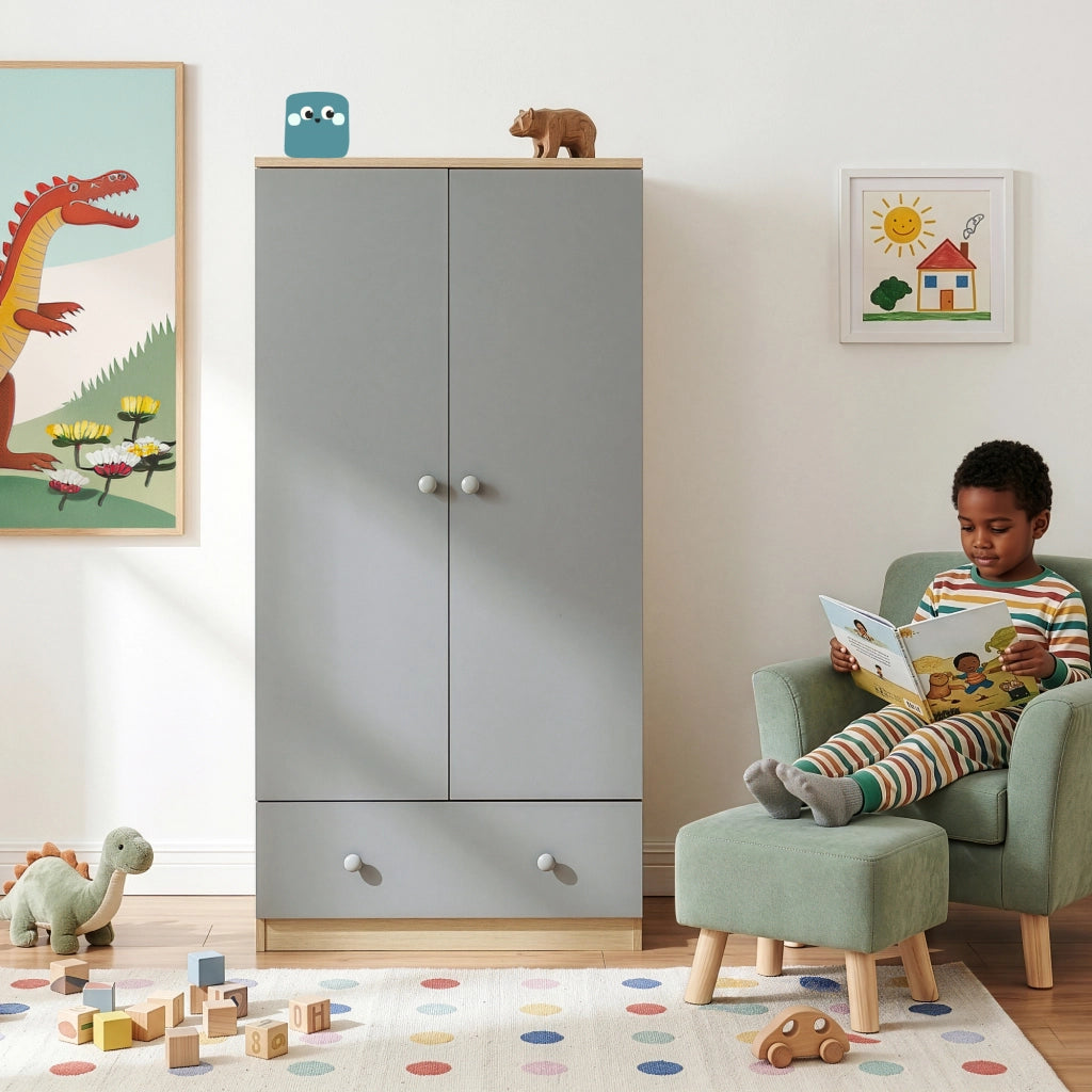 Armadio Beldinupp per Cameretta a 2 Ante e Cassetto 123 x 60 x 40 cm - Effetto Rovere/Grigio [en.casa]