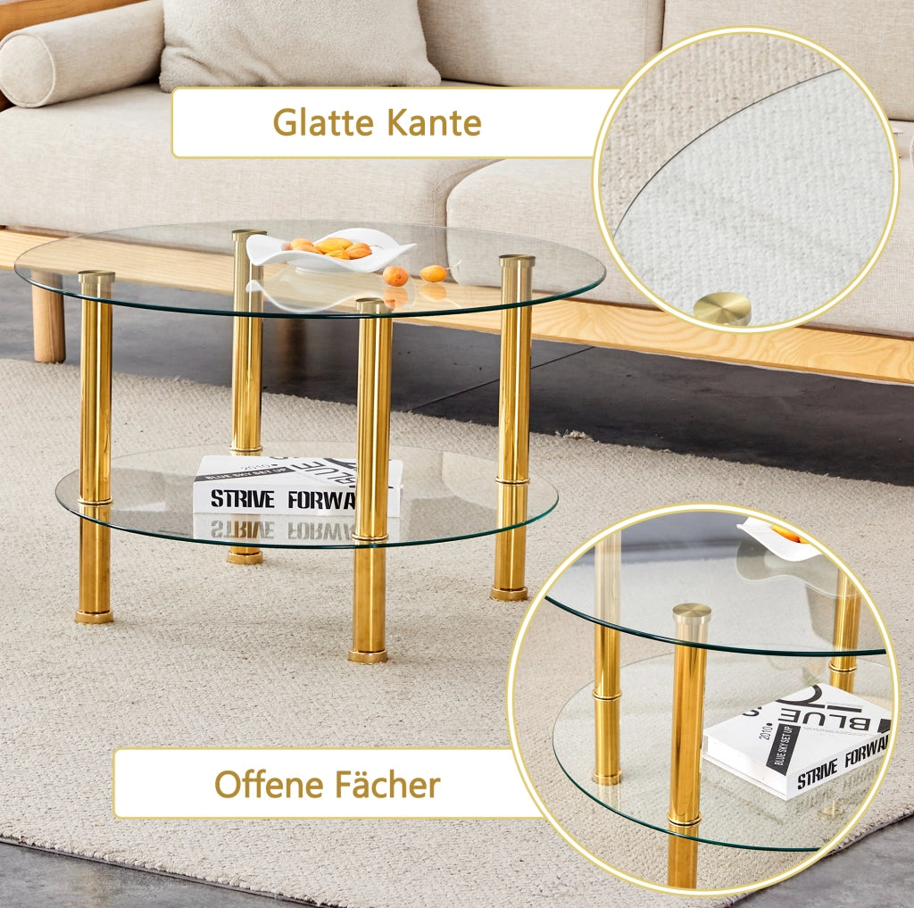 Tavolino da caffè a 2 livelli in vetro trasparente oro Ø70 cm