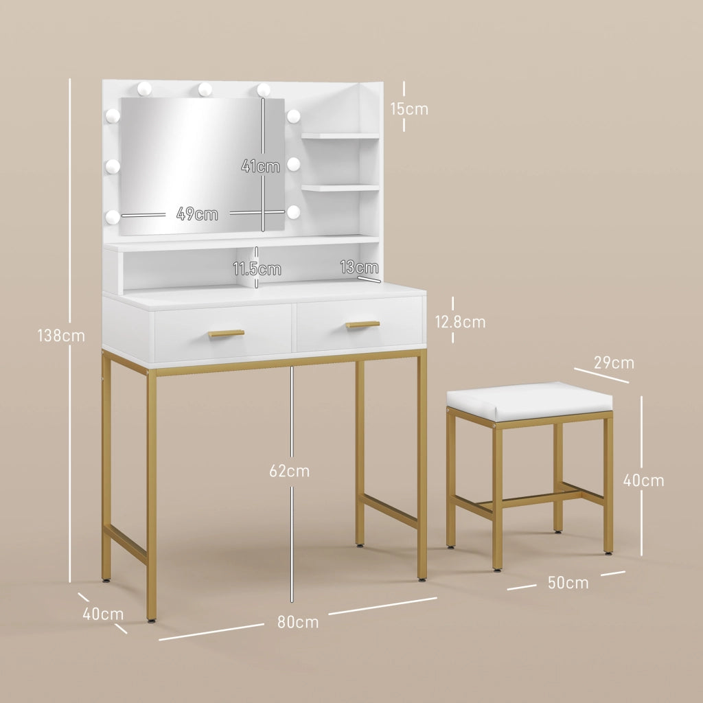 Mobile da Bagno con Specchio, 2 Cassetti e Sgabello ¨C zephmum ¨C Bianco, MDF e Truciolato, 80x40x138 cm