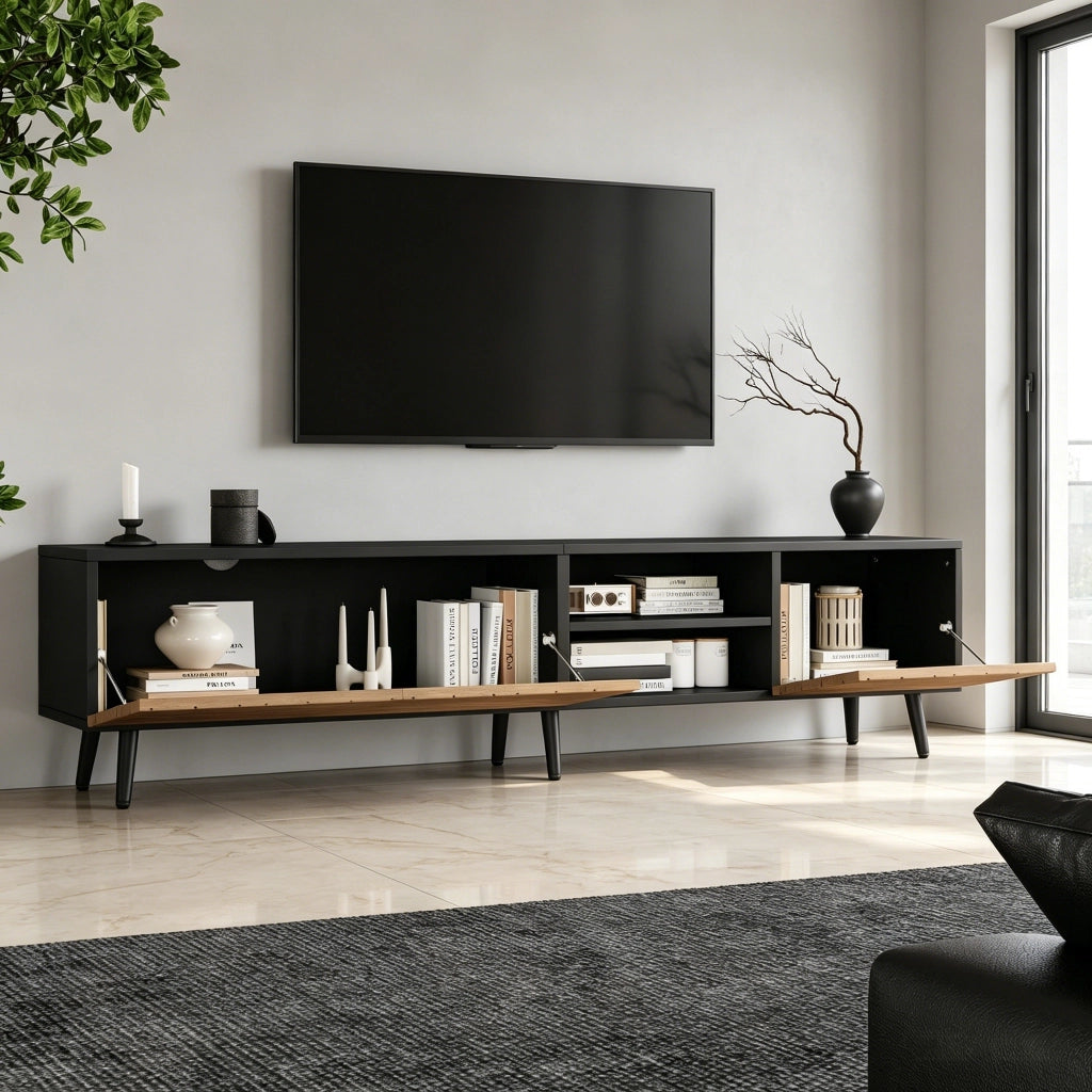 Cassettiera per TV Natural+Black in truciolato lunga 180 cm