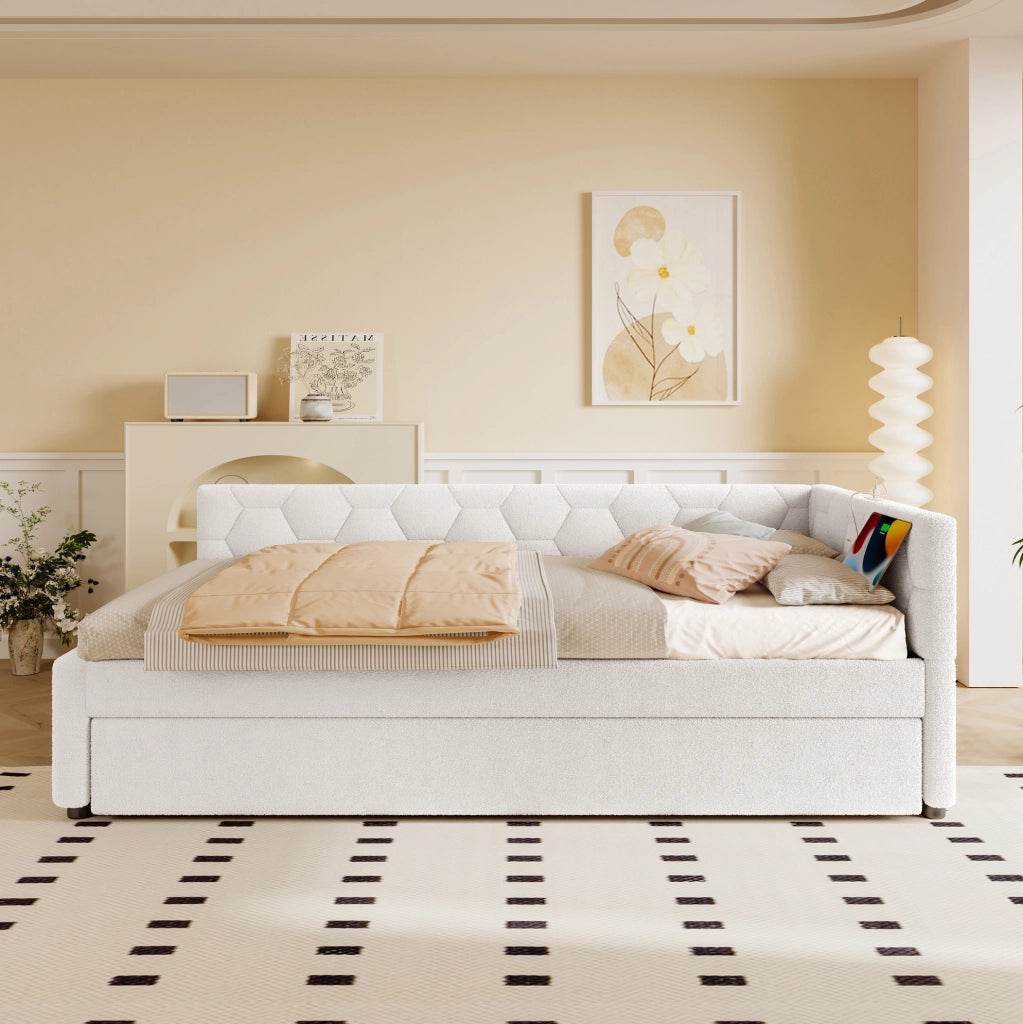 Letto 90x200 cm con letto estraibile; USB; Type-C e luce notturna in bouclé bianco
