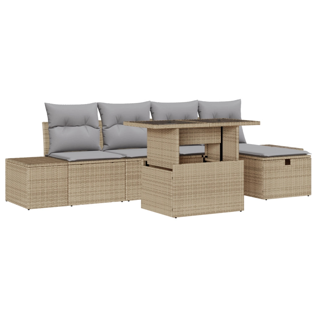 Set Divano da Giardino 6 Pezzi con Cuscini Beige Polyrattan