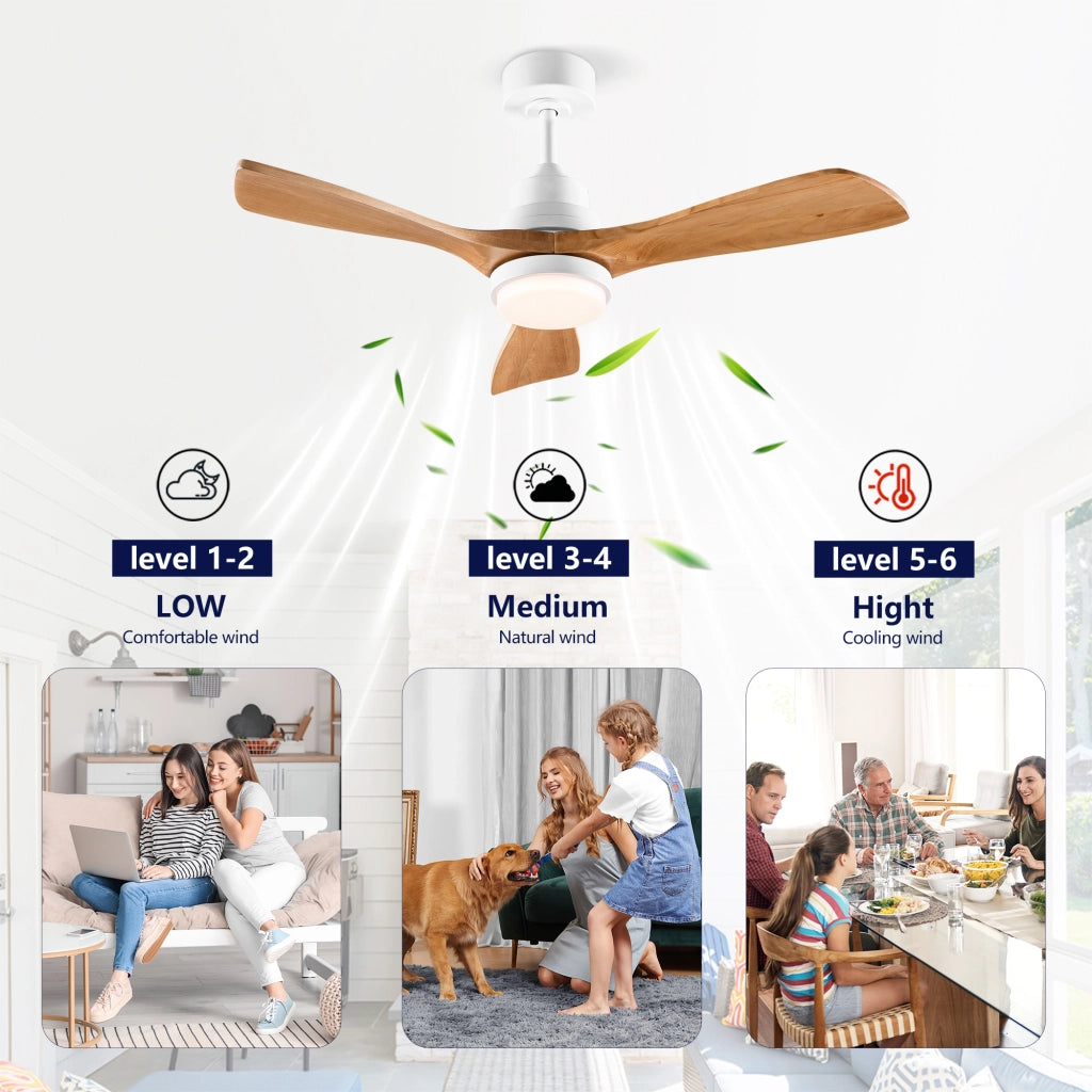 Ventilatore da soffitto con luce a 3 pale in legno e telecomando bianco e naturale per interni ed esterni coperti