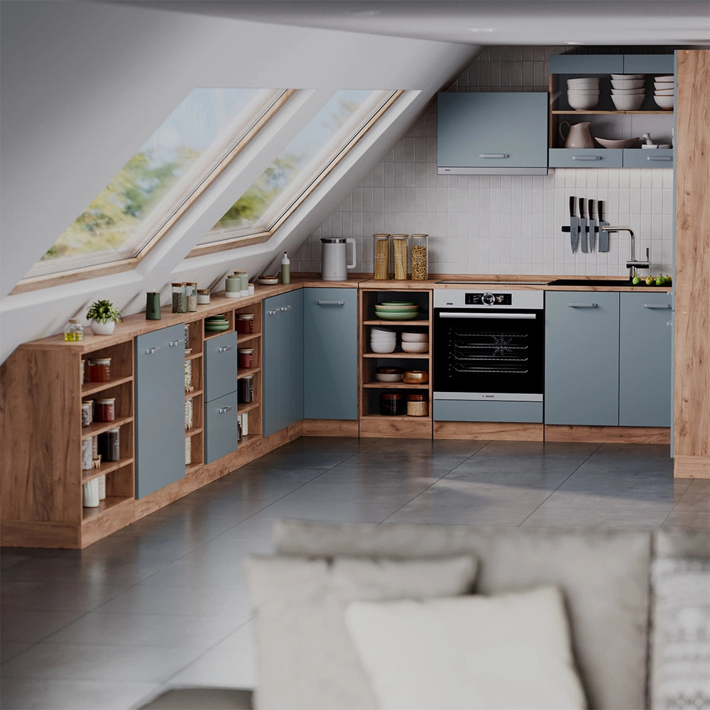 Mobile cucina sottotetto R-Line Grigio-blu/Rovere dorato 60 cm con 2 cassetti, carcassa 60 cm profondità Vicco