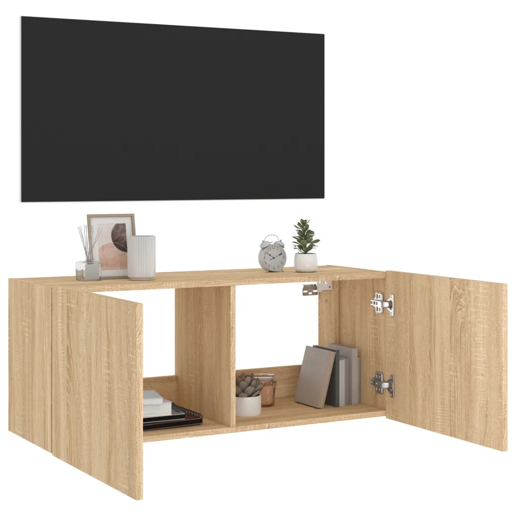 Mobile TV a Parete con Luci LED Rovere Sonoma 100x35x41 cm 837325