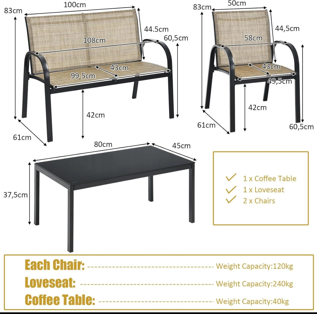 Set di 4 mobili da giardino per 4 persone, set da giardino con 2 sedie e 1 panca e 1 tavolino da caffè, set di mobili da terrazza per piscina, cortile (marrone), QF54737IBDE