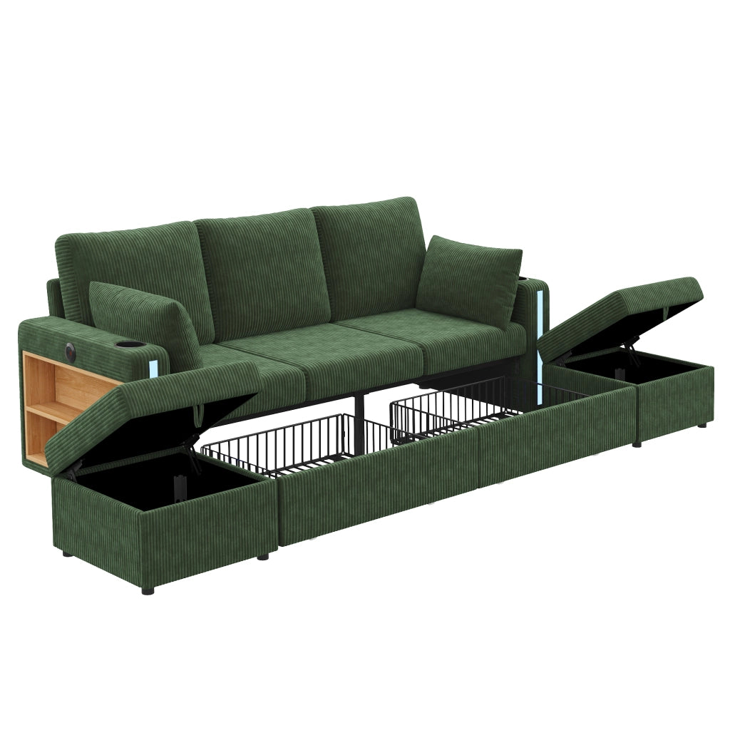 Divano modulare U/L con 2 pouf contenitore; LED; USB/Type-C; 190x130x85 cm; velluto a coste verde