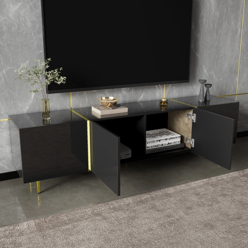 Mobile TV ULEVR 170x35x46 cm con 4 ante e cerniere soft-close, MDF nero lucido con dettagli oro