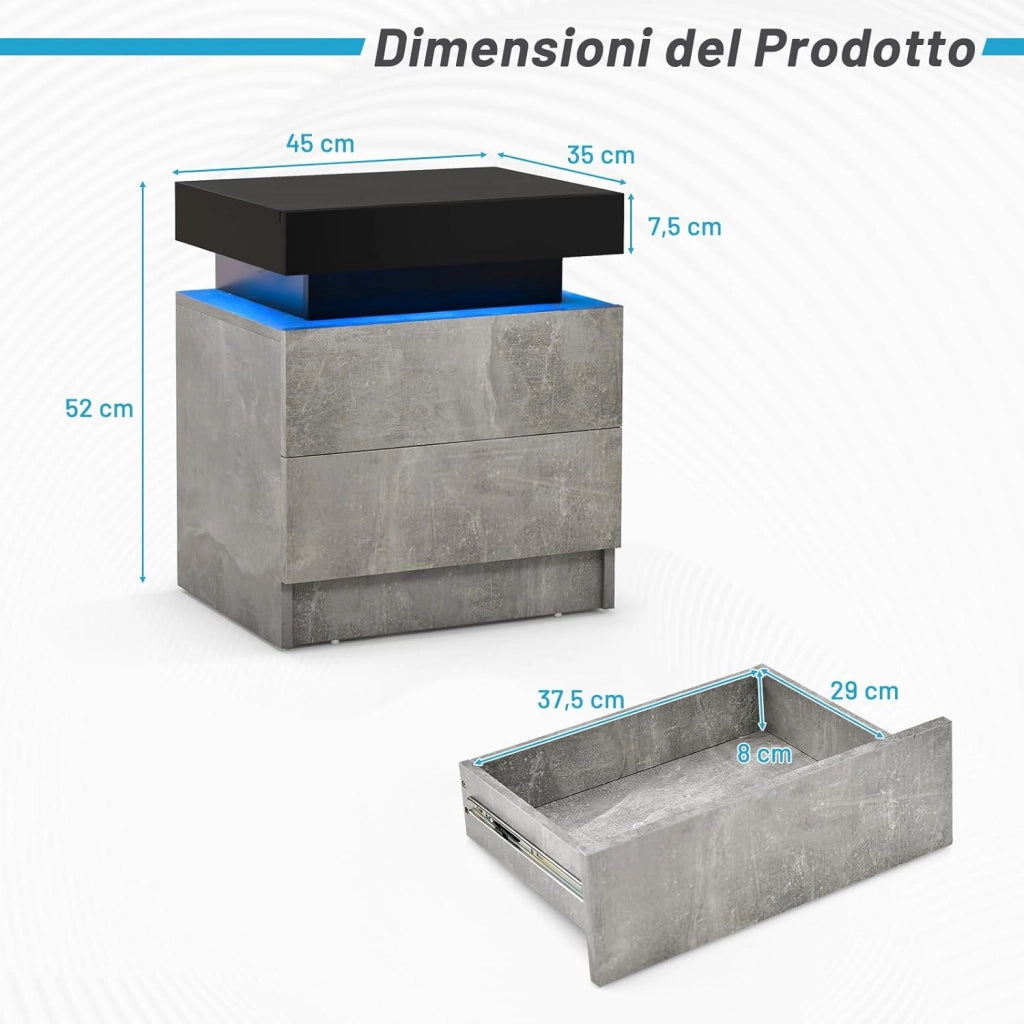 Tavolino da Salotto con 2 Cassetti e Luci a LED, Tavolino Moderno con Finitura Lucida Effetto Marmo, Comodino per Camera da Letto e Soggiorno, 45 x 35 x 52 cm (Grigio)