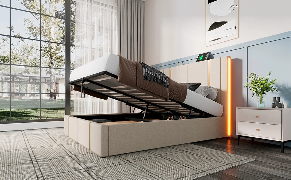 DESMIU Letto contenitore 140 × 200 cm 2 posti con USB, Type-C e LED regolabile, senza materasso, lino beige