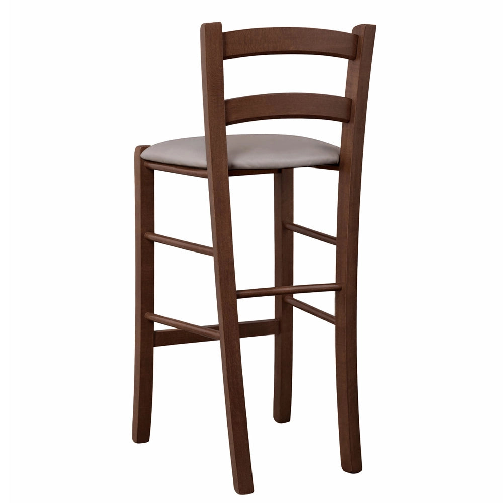 Sgabello in legno noce scuro h 67 cm con seduta imbottita in similpelle tortora