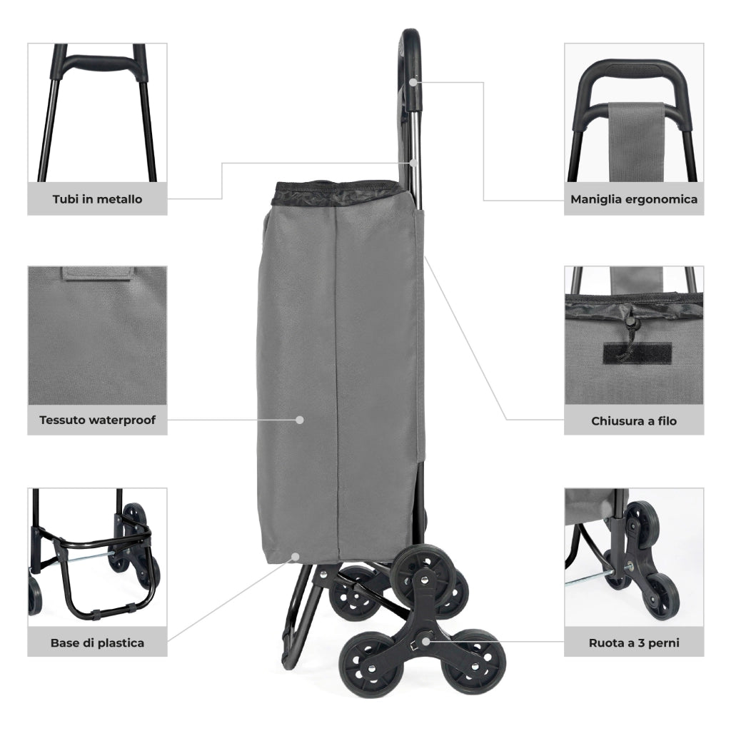 Carrello Spesa Saliscale 6 Ruote Pieghevole con Borsa Impermeabile, Porta Spesa per Scale Supermercato e Casa, Struttura in Acciaio – Il Gruppone   Grigio