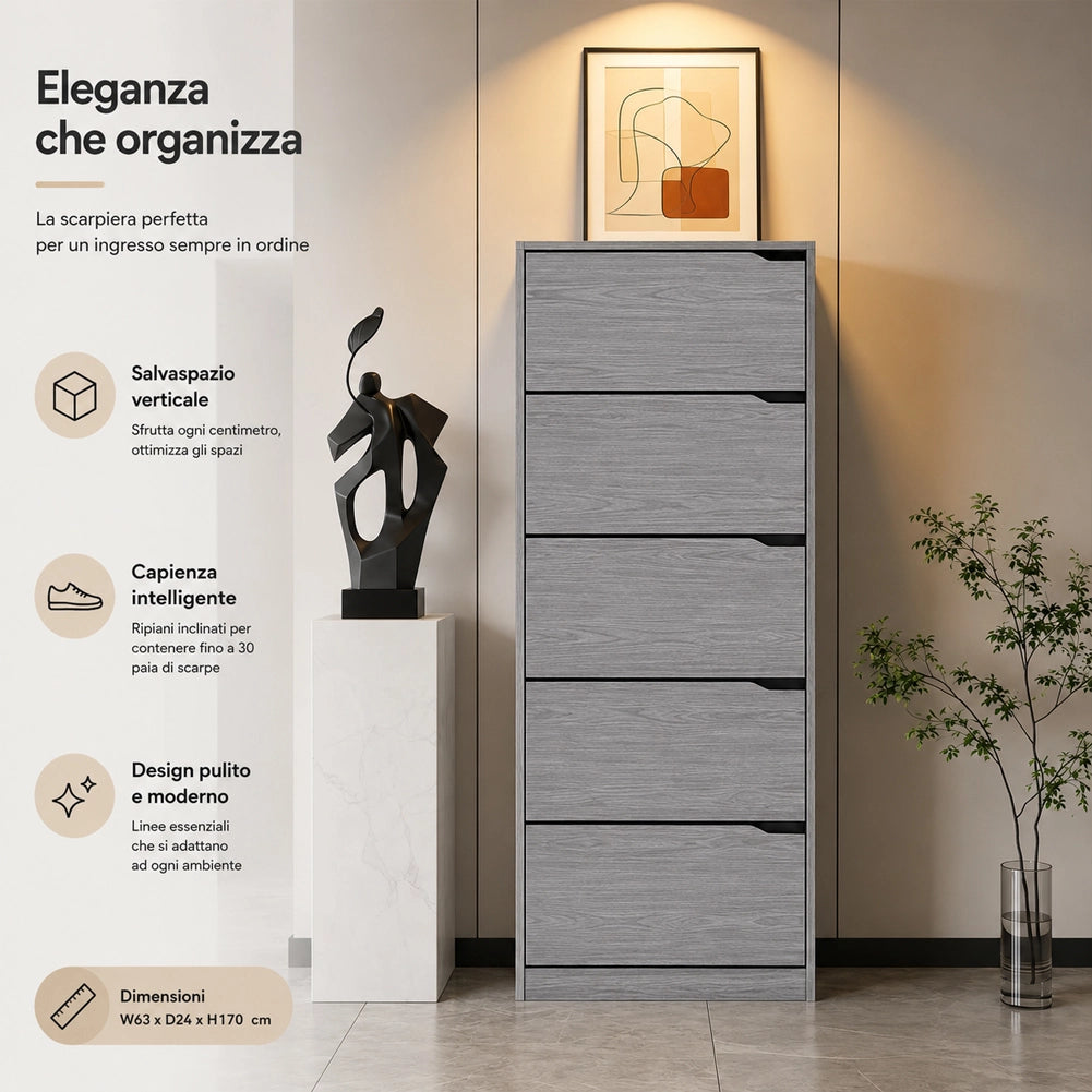 Scarpiera 5 Ripiani Grigio con Maniglia Scomparsa Scarpe Salvaspazio 63x24x170cm