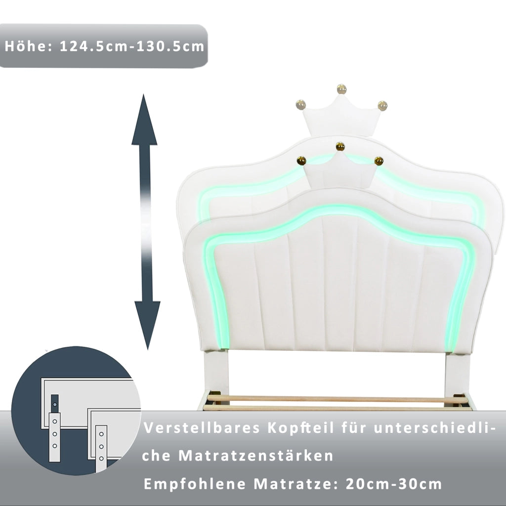 OKWISH Letto Bambino 90×200 cm, Letto Singolo con 2 Cassetti, LED Regolabile e Testiera Regolabile, senza Materasso, PU Bianco
