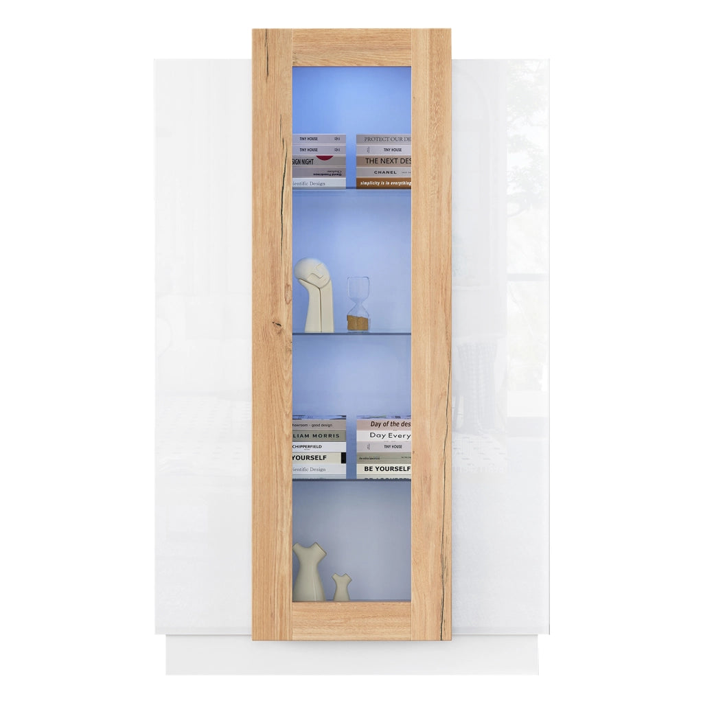 Vetrina soggiorno 74x40x120 cm con 3 ante, LED controllabile via app, struttura in truciolare e finitura bianco/effetto legno