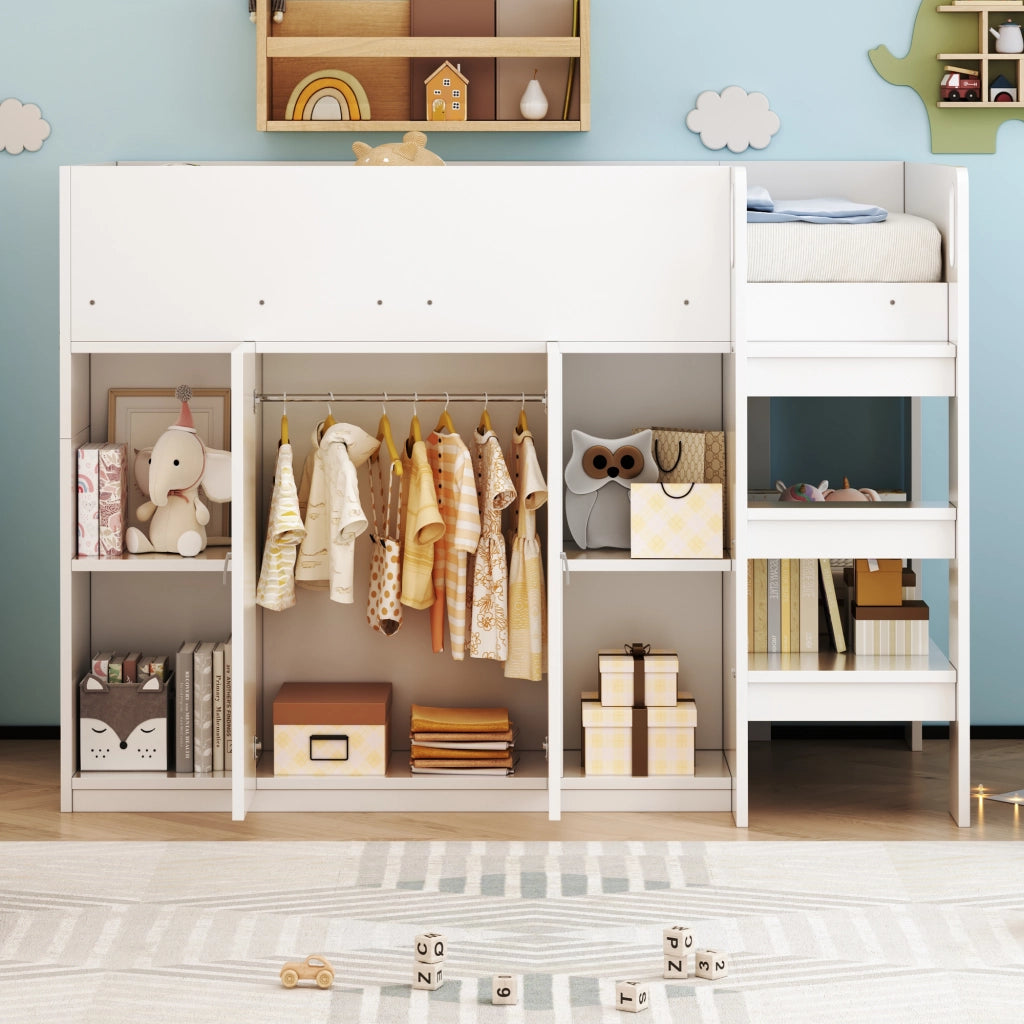 DESMIU Letto a Soppalco 1 Posto con Armadio, Scaffali e Scala 90 × 200 cm, senza materasso, Bianco