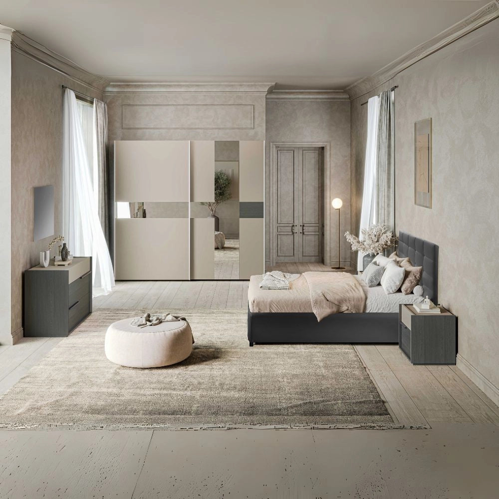 Camera da letto Tania grigio e talco armadio scorrevole con specchi e letto contenitore Napoli